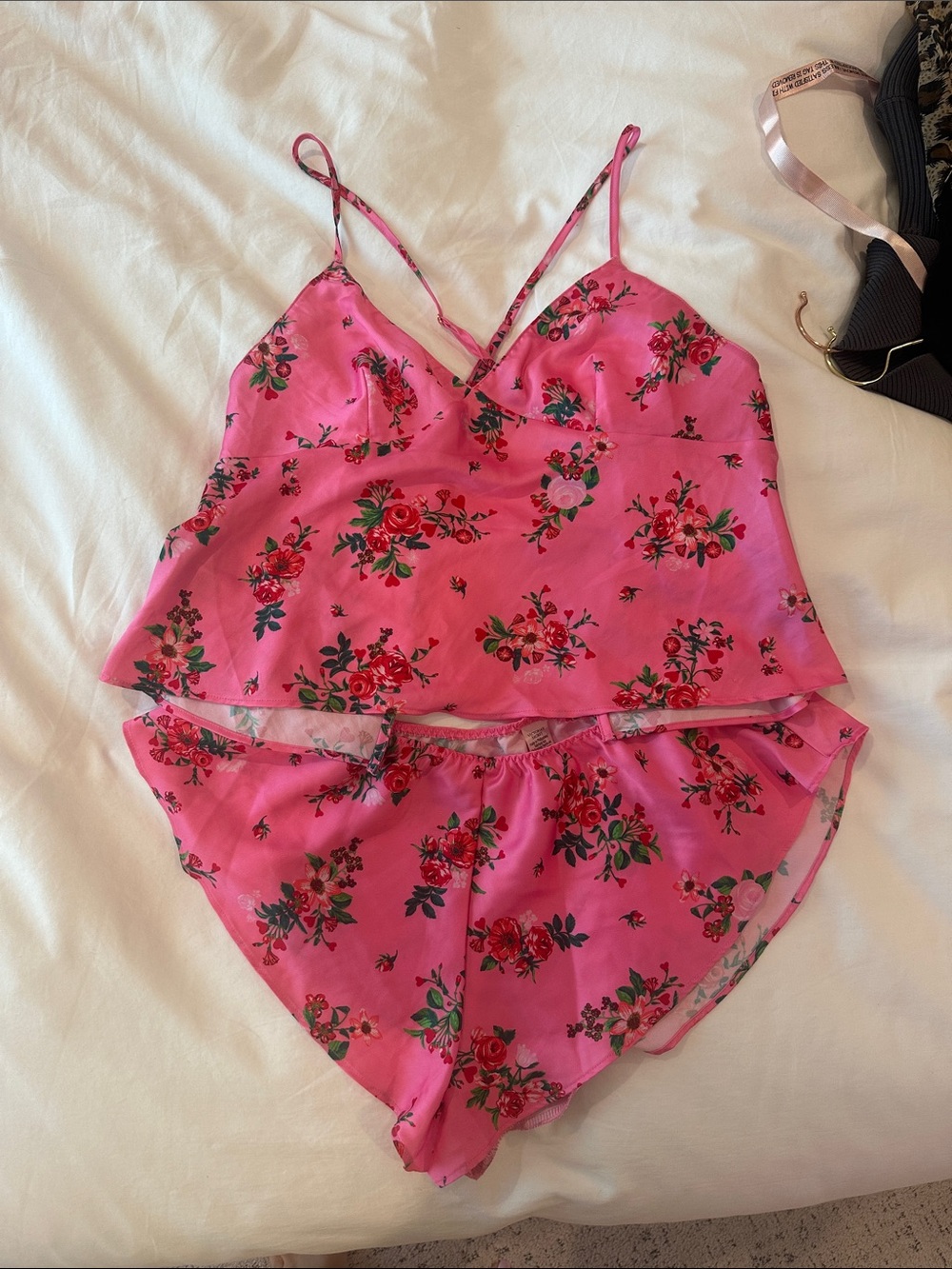 Victoria's Secret Hot Pink Floral Satin Cami & Shorts Set